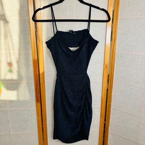 Windsor Large Dark Blue Sparkly Sequin Back Cut Out Mini Side Rouched Slit Dress